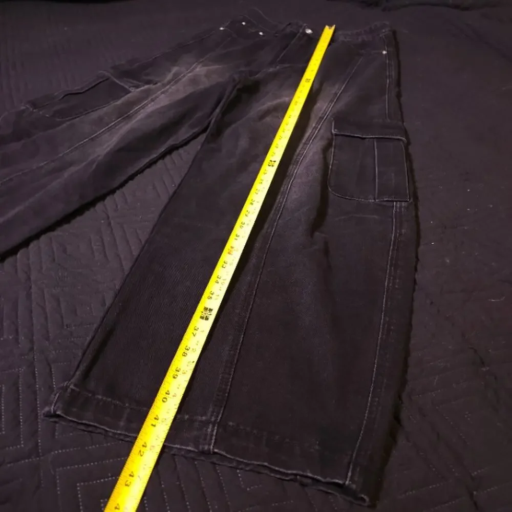 Black Baggy Wide Leg Cargo Jeans | Flap Utility Pockets | W30 42in